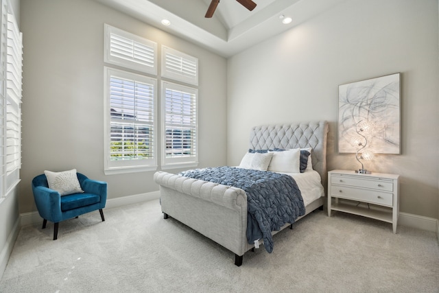 bedroom with recessed lighting, a ceiling fan, baseboards, and carpet floors