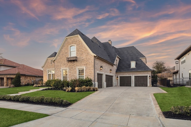 french country home featuring a lawn, driveway, fence, brick siding, and a chimney