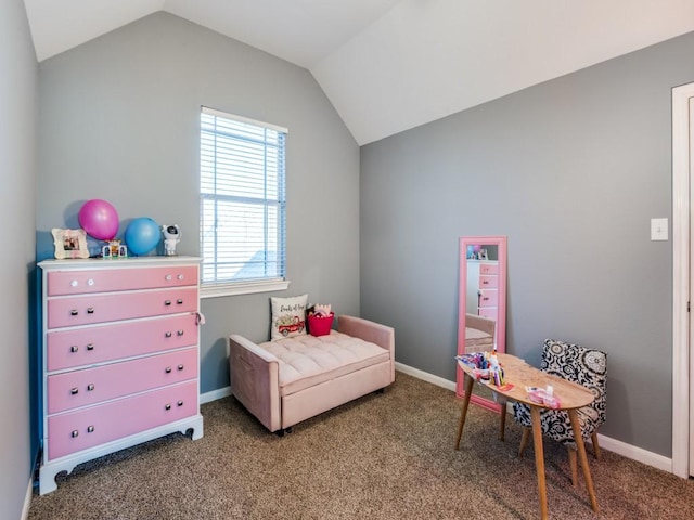 bedroom with vaulted ceiling, carpet, and baseboards