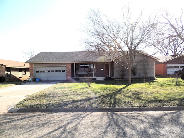 single story home with a front yard, a porch, an attached garage, concrete driveway, and brick siding