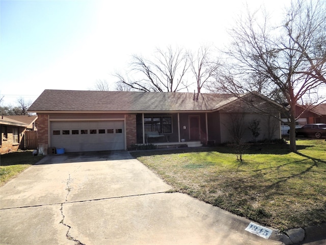 single story home with brick siding, a shingled roof, concrete driveway, a front yard, and a garage