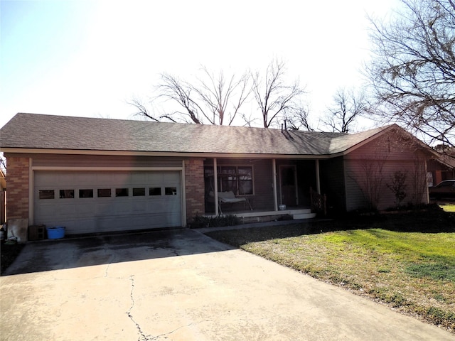 single story home with a porch, roof with shingles, concrete driveway, a garage, and brick siding