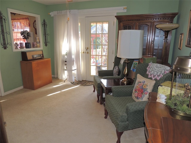 living area with carpet and baseboards