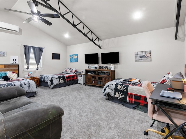 bedroom featuring carpet floors, high vaulted ceiling, ceiling fan, and a wall mounted AC