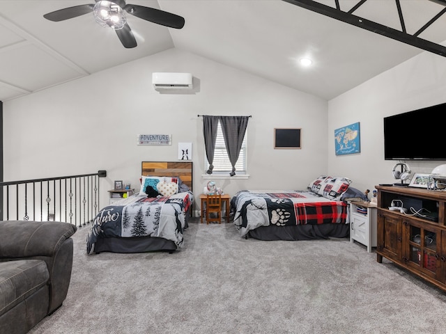 carpeted bedroom with a wall mounted air conditioner, lofted ceiling, and ceiling fan