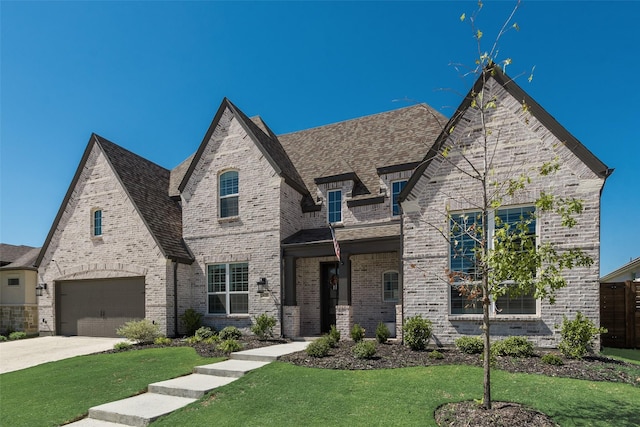 french country inspired facade featuring a garage, a front lawn, concrete driveway, and brick siding