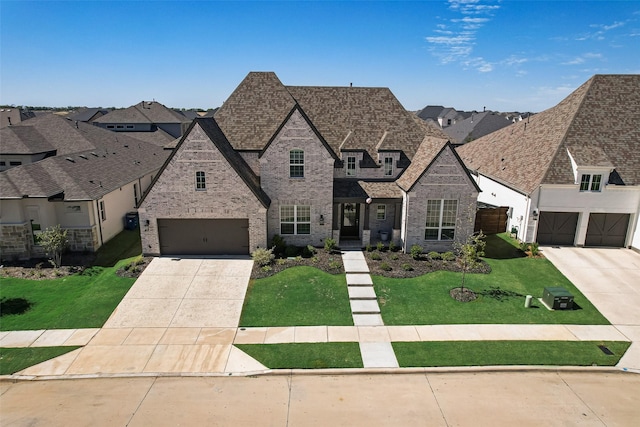 french country inspired facade featuring brick siding, a shingled roof, fence, a front yard, and driveway