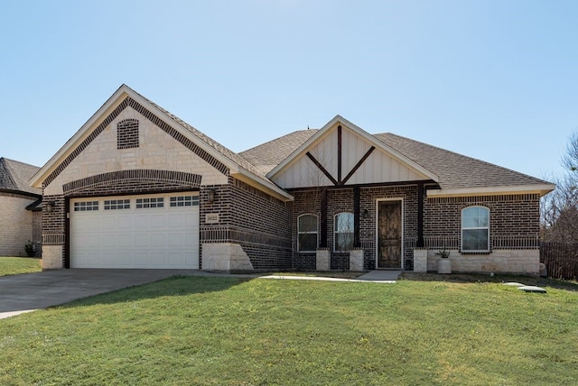 view of front of home featuring a garage, brick siding, concrete driveway, and a front lawn