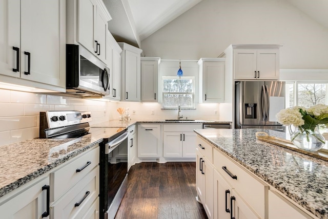 kitchen featuring light stone counters, dark wood finished floors, a sink, stainless steel appliances, and white cabinets