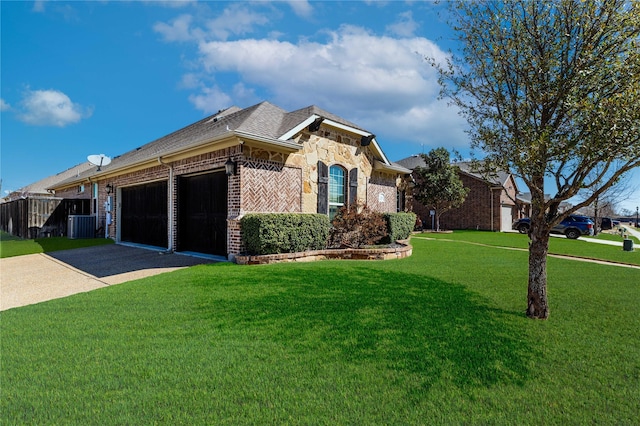 view of front facade with concrete driveway, a front lawn, a garage, stone siding, and brick siding