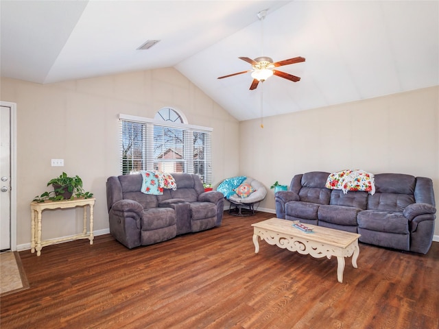 living room featuring visible vents, wood finished floors, baseboards, ceiling fan, and vaulted ceiling