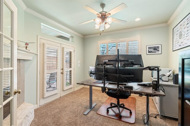 office with french doors, carpet floors, crown molding, baseboards, and ceiling fan