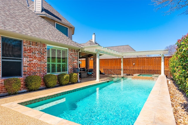 view of swimming pool featuring a pergola, a fenced backyard, a fenced in pool, an in ground hot tub, and a patio area