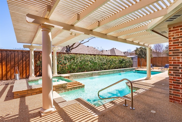 view of pool with a patio area, a fenced backyard, a pergola, and a pool with connected hot tub