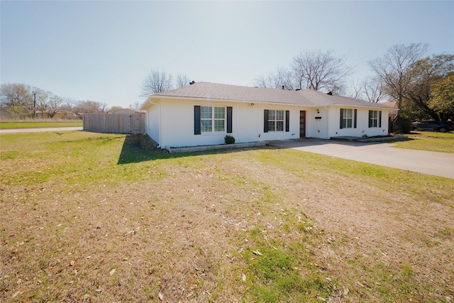 single story home with a front yard and fence