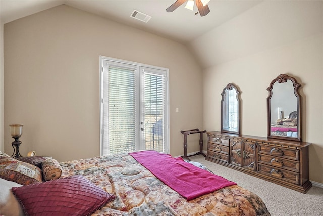 bedroom with access to exterior, visible vents, carpet, vaulted ceiling, and a ceiling fan