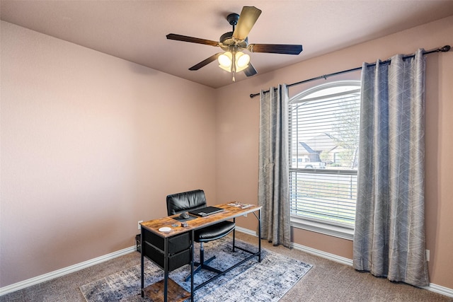 home office featuring plenty of natural light, baseboards, and a ceiling fan