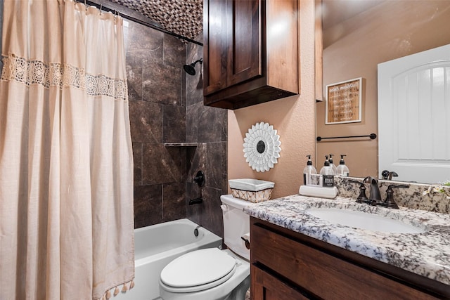 bathroom with toilet, vanity, and shower / bathtub combination with curtain