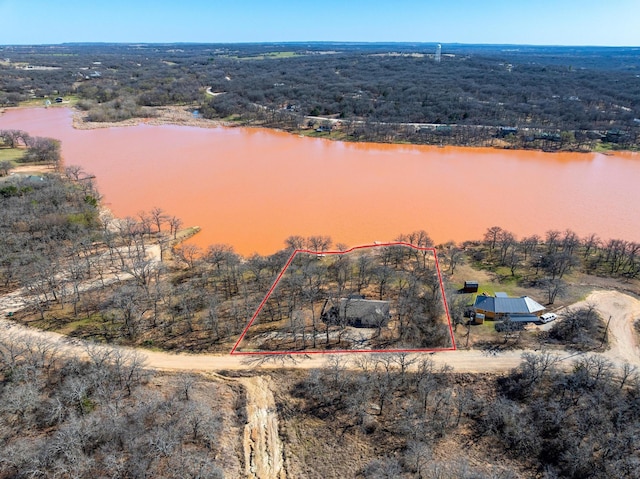 drone / aerial view featuring a wooded view and a water view