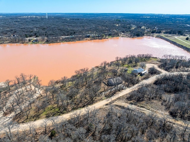 drone / aerial view with a view of trees and a water view