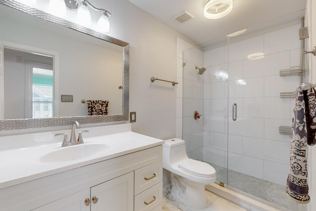 full bathroom featuring visible vents, toilet, marble finish floor, a shower stall, and vanity