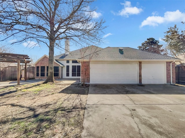 ranch-style home with brick siding, fence, concrete driveway, a garage, and a pergola