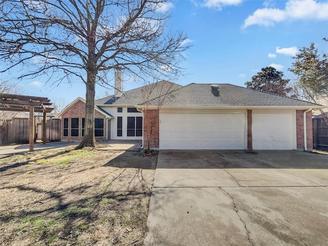 ranch-style home with brick siding, fence, concrete driveway, a garage, and a pergola