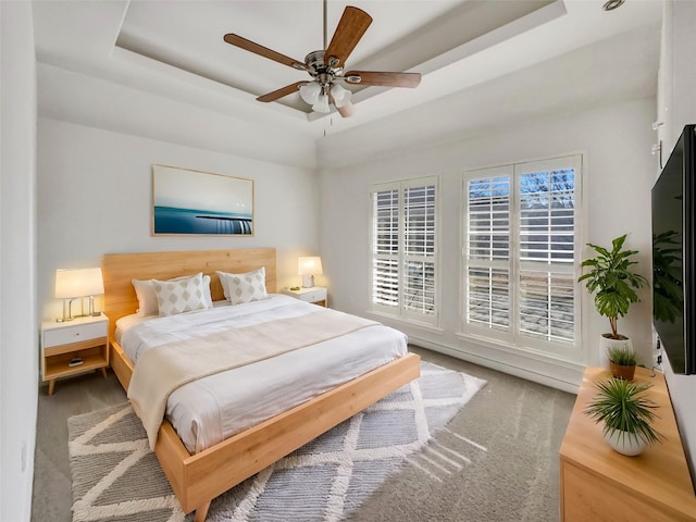 bedroom featuring a tray ceiling and a ceiling fan