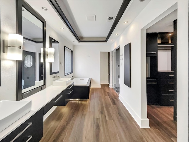 hallway featuring a sink, a tray ceiling, and wood finished floors