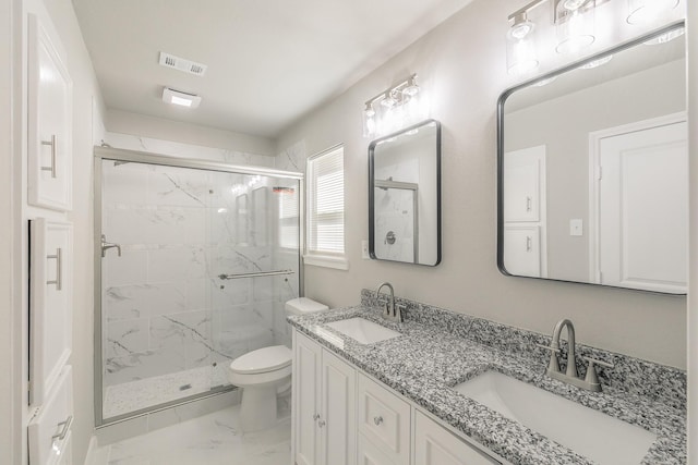 full bathroom with marble finish floor, toilet, a sink, and a marble finish shower