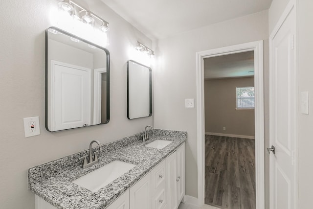bathroom with baseboards, wood finished floors, a sink, and double vanity