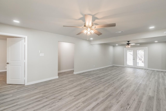 unfurnished room with light wood-type flooring, a ceiling fan, visible vents, and recessed lighting