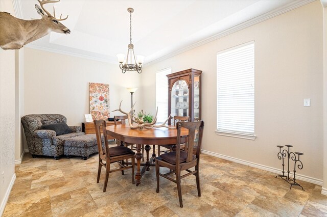 2885 Enloe Rd, Howe, TX 75459 - dining room featuring stone finish flooring, a chandelier, a tray ceiling, and ornamental molding