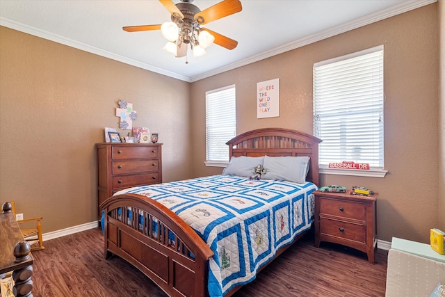 bedroom with crown molding, wood finished floors, baseboards, and ceiling fan