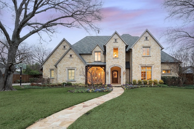 french provincial home featuring fence, roof with shingles, a standing seam roof, a front lawn, and metal roof