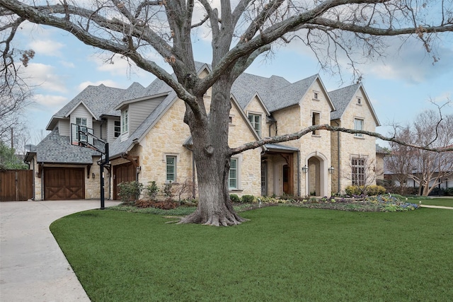 french country inspired facade featuring stone siding, concrete driveway, and a front lawn