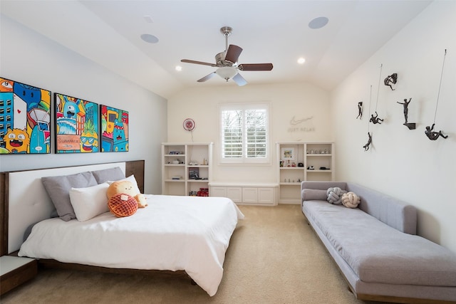 bedroom featuring recessed lighting, lofted ceiling, and light colored carpet