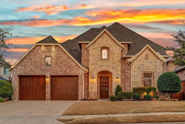 french country home featuring brick siding, driveway, a shingled roof, and a garage