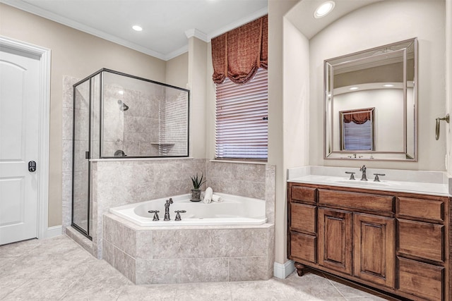 full bath featuring vanity, a stall shower, ornamental molding, a garden tub, and tile patterned floors