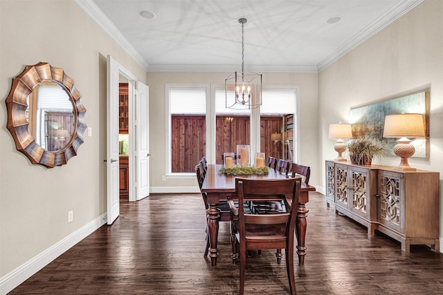 dining room featuring a chandelier, crown molding, baseboards, and dark wood-style flooring