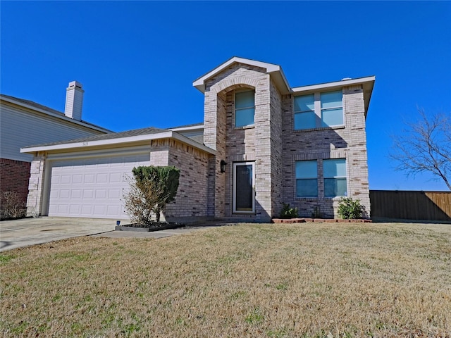 view of front facade with a garage, brick siding, concrete driveway, and a front lawn