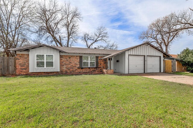 ranch-style home with an attached garage, board and batten siding, concrete driveway, brick siding, and a shingled roof