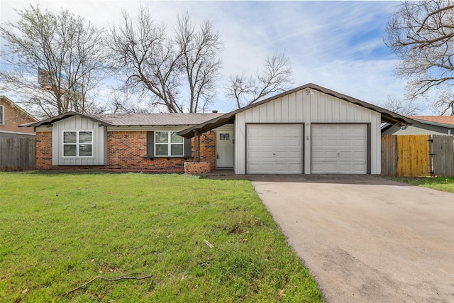 view of front of property with a garage, concrete driveway, board and batten siding, and brick siding