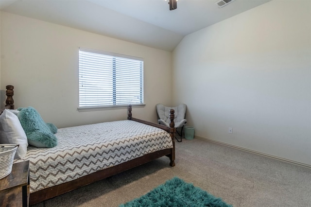 bedroom featuring visible vents, baseboards, carpet floors, lofted ceiling, and ceiling fan