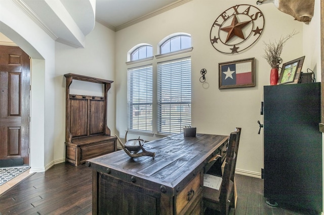 office area featuring dark wood-style floors, arched walkways, and a wealth of natural light