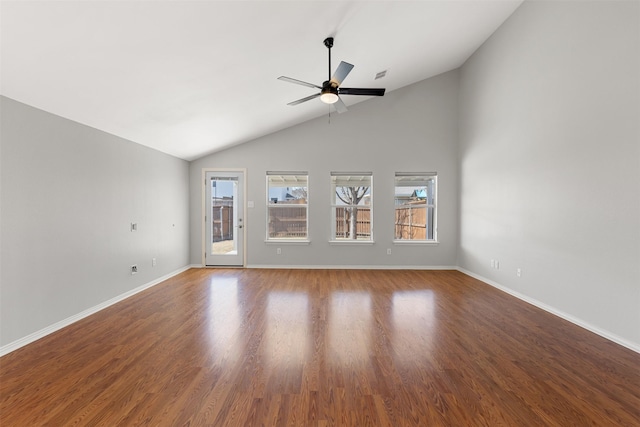 unfurnished living room with a ceiling fan, visible vents, wood finished floors, baseboards, and high vaulted ceiling