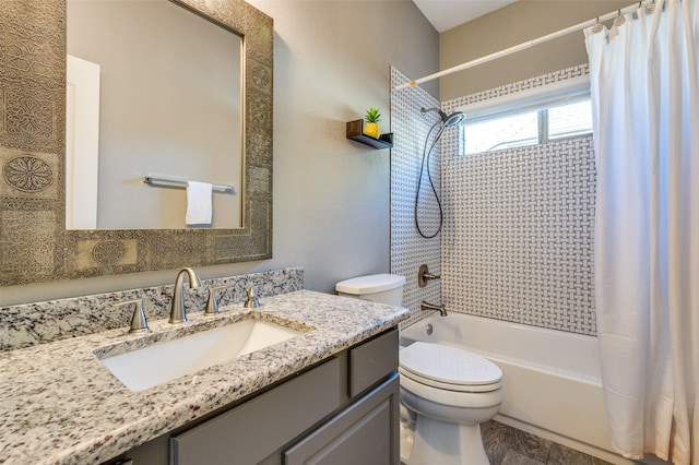 bathroom with toilet, vanity, and shower / bathtub combination with curtain