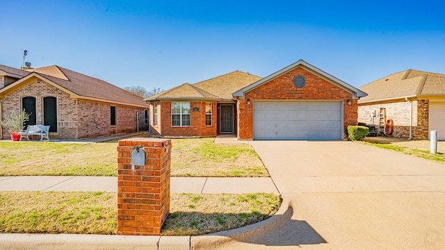 view of front of home featuring concrete driveway, a garage, brick siding, and a front yard