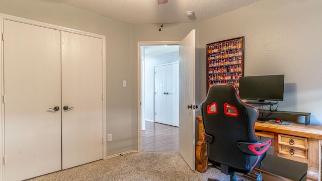 office space featuring carpet and a textured ceiling