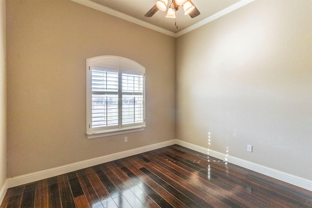 empty room with dark wood-style floors, ceiling fan, baseboards, and ornamental molding